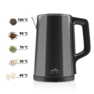 Fierbator electric ETA Ester 4597 90000, 2200W, 1.5 litri, 40 la 100 °C, otel inoxidabil, pereti dubli, negru