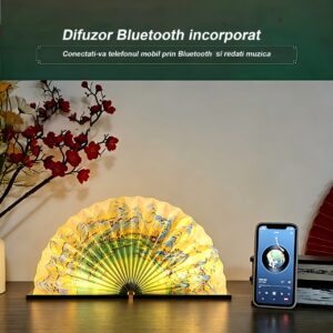 Lampa decorativa pliabila tip carte, Bluetooth, iluminare LED, acumulator 1800 mAh, slot card, telecomanda, design premium din lemn si hartie Dupont