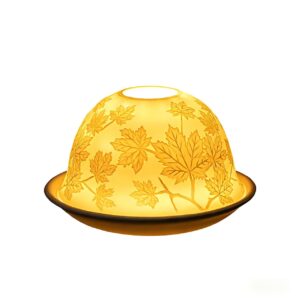 Suport lumanare din portelan, proiectie luminoasa 3D cu frunze de artar, decor elegant