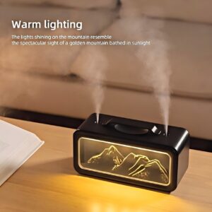 Umidificator de aer si difuzor de aroma, design Snow Mountain, 600ml, dubla pulverizare, iluminare ambientala LED, silentios, negru