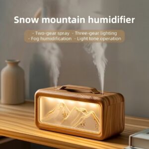 Umidificator de aer si difuzor de aroma, design Snow Mountain, 600ml, dubla pulverizare, iluminare ambientala LED, silentios, design lemn natur