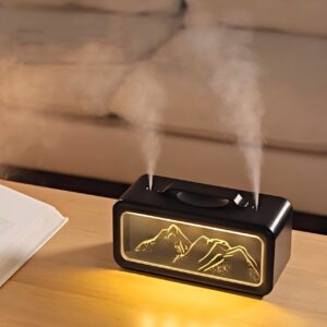Umidificator de aer si difuzor de aroma, design Snow Mountain, 600ml, dubla pulverizare, iluminare ambientala LED, silentios, negru