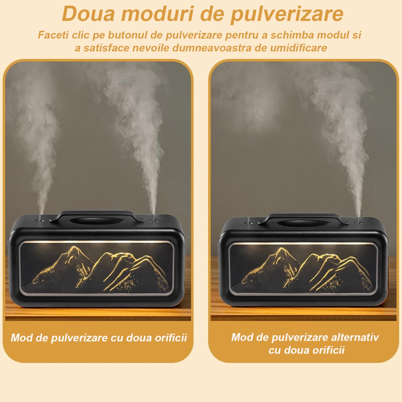 Umidificator de aer si difuzor de aroma, design Snow Mountain, 600ml, dubla pulverizare, iluminare ambientala LED, silentios, negru - imagine 3
