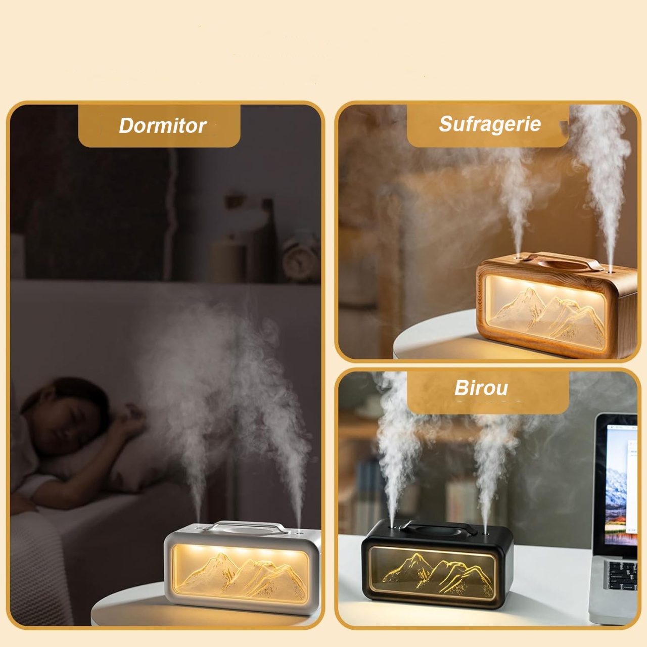 Umidificator de aer si difuzor de aroma, design Snow Mountain, 600ml, dubla pulverizare, iluminare ambientala LED, silentios, negru - imagine 4